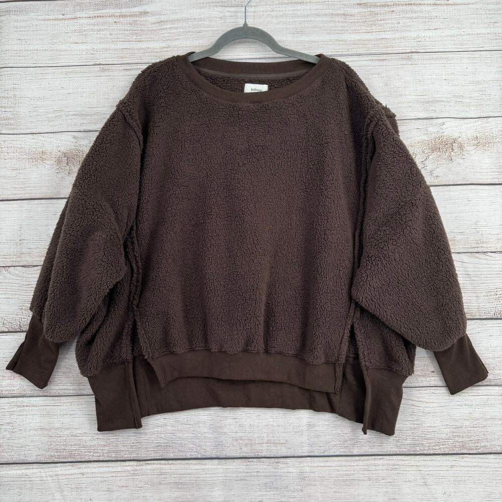 Bohme Oversized Fuzzy Fleece Sweatshirt Womens S/M Brown‎ Split Hem